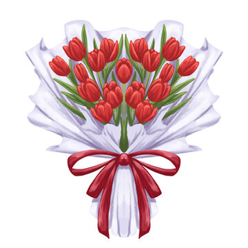 Tulip Flower Bouquet With Ribbon Botanical Painting Romantic Floral Illustration	
