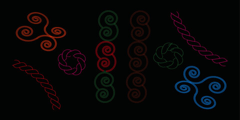 Collection of colorful rope and cord designs on a black background © Samira Islam