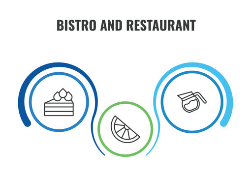 bistro and restaurant outline icon set. thin line cut cake piece, coffe pot, half lemon icons. editable vector