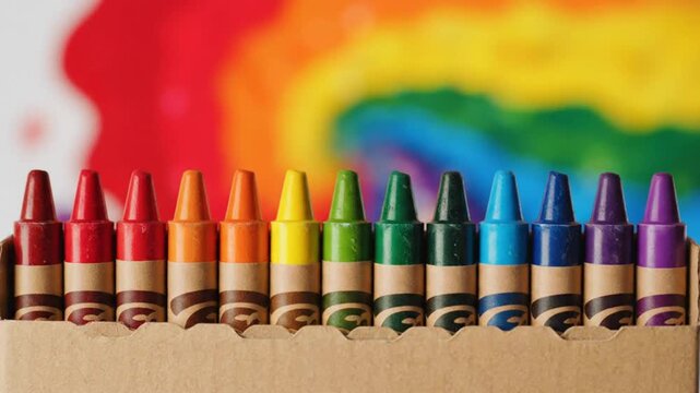 Colorful Crayons in a Row with Rainbow Backdrop Depicting Creativity, Imagination, and Childhood Fun