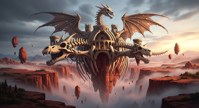 A majestic dragon skeleton castle floats above a misty canyon landscape at sunset with dramatic lighting in a fantasy art style