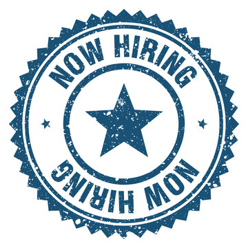 now hiring blue grunge round stamp. now hiring stamp