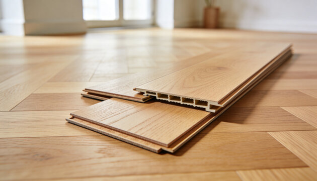 Close-up of new oak laminate flooring installation process with blurred background for text
