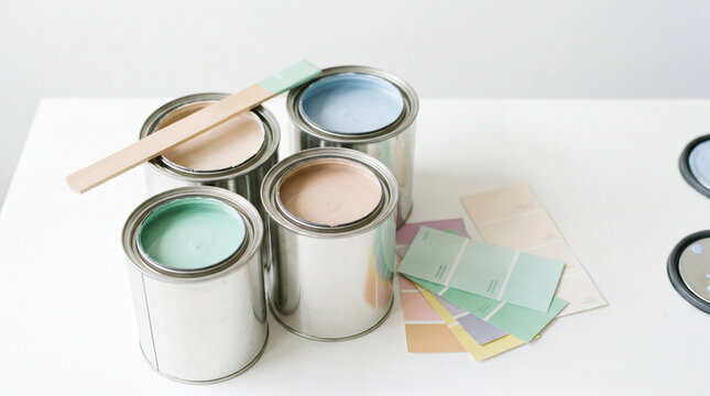 Aesthetic paint cans with pastel colors and swatches on white table background with copy space