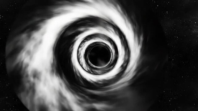 Black hole spiraling tunnel with bright white swirling cloud formations and a dark starry cosmos in monochrome