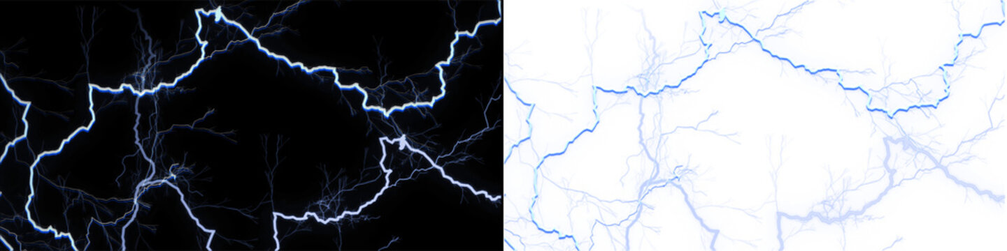 Bright electric lightning bolts crackling on black background with transparent overlay.