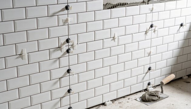 Modern bathroom renovation background with white subway tiles installation and copy space