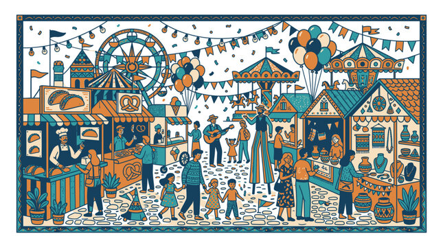 Vibrant festive fair scene with people colorful houses wheel flags balloons lively joyful atmosphere fun outdoor celebration community event fairground excitement summertime fun