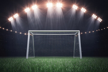 Football goal net on green grass under bright stadium floodlights at night with dramatic lighting effects. © Md