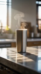 Naklejka premium Steaming hot beverage in a sleek stainless steel cup with rising vapor on a reflective marble countertop during a bright morning kitchen setting