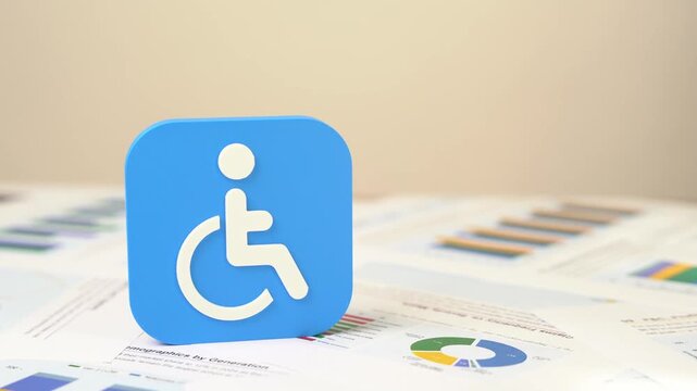 Symbol of a person with a disability on documents and reports. Laws and social support. Inclusion policy concept, legal protection and equal rights. Public awareness, accessibility standards