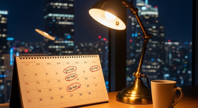 Desk calendar with late night shift notes, desk lamp lighting, and office mug, placed in front of a blurry night city skyscraper background.