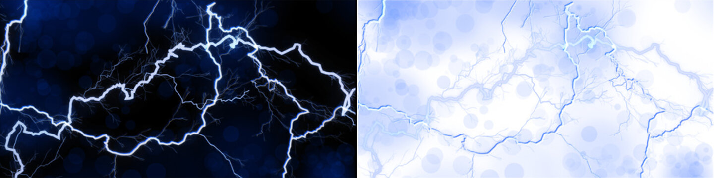 Blue lightning bolts on a dark background with bokeh, electric storm effect, abstract energy pattern.