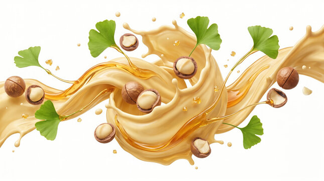 Macadamia nuts with green ginkgo leaves and creamy nut milk splash on generated using ai