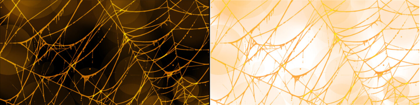 Golden tangled spider webs pattern with glowing threads for halloween and spooky gothic background decoration.