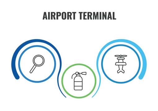 airport terminal outline icon set. thin line airport searchor, old plane, extinguisher icons. editable vector