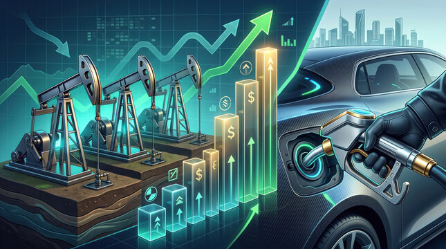 Oil extraction pumpjacks and financial growth charts with car refueling station generated using ai