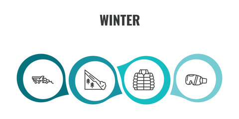 winter outline icon set. thin line snowplow, avalanche, anorak vest, goggles icons. editable vector © Farahim