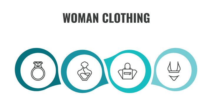 woman clothing outline icon set. thin line engagement ring, perfume, female black handbag, string bikini icons. editable vector