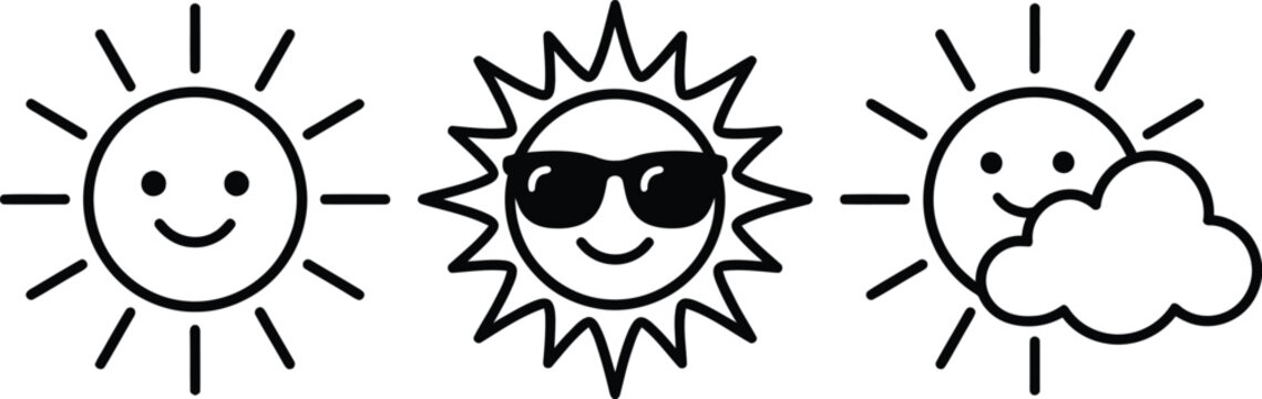 Set of black and white sun weather icons including happy face design and partly cloudy symbol for weather reports.