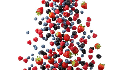 Falling fresh mixed berries including strawberries blueberries raspberries and blackberries on a transparent background PNG file © Darina