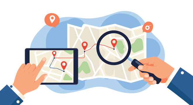 Hands interact with a digital tablet and a magnifying glass to explore a city map with various red GPS pins and navigation route markers.