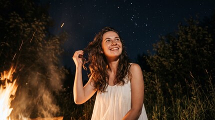 Naklejka premium Smiling young woman by warm campfire under starry night sky, summer camping adventure, outdoor lifestyle portrait, stargazing in forest, peaceful nature getaway, glamping trip.