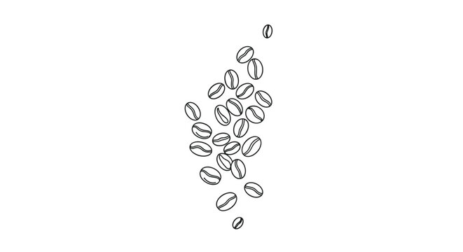 Vertical line art drawing of roasted coffee beans falling down against a white background for a minimalist cafe menu or logo design.