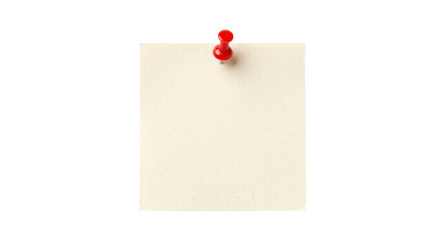 Square sticky note pinned with red thumbtack on a transparent background PNG file
