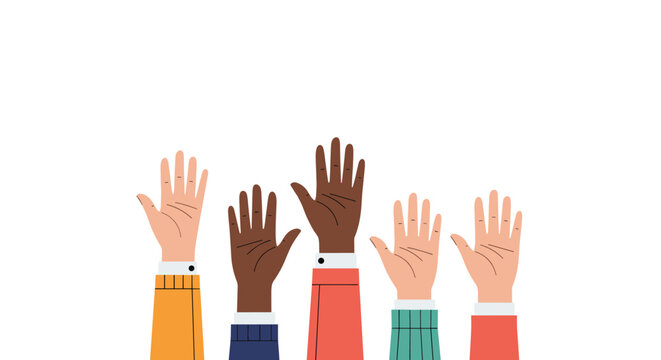 Diverse group of people raising their hands in the air, representing unity, collaboration, teamwork, and multicultural community support.