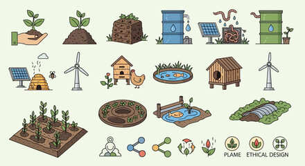 Eco Friendly Sustainable Farming and Renewable Energy Icons. © Ari