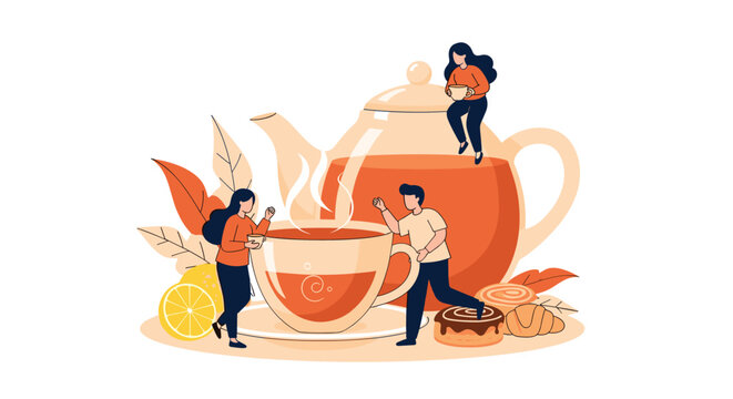 Group of tiny people enjoying herbal tea and pastries around a giant teapot and cup to represent a cozy tea party or break.