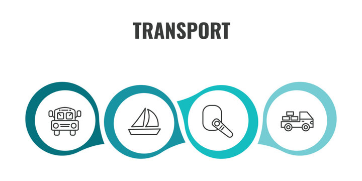 transport outline icon set. thin line school bus empty, sailing boat with veils, hands free device, loaded truck side view icons. editable vector