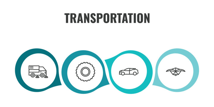 transportation outline icon set. thin line road sweeper, all terrain, hybrid car, hang glider icons. editable vector