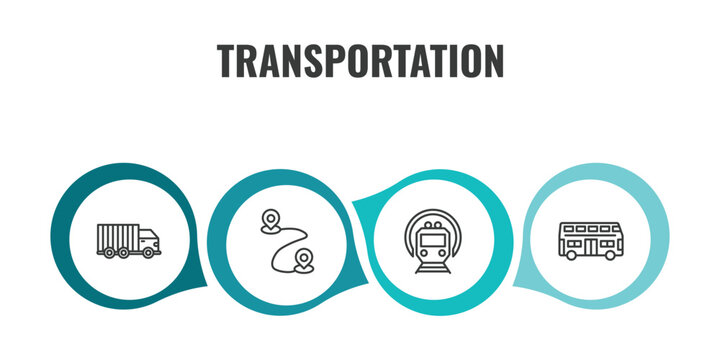 transportation outline icon set. thin line trucking, way, , double decker bus icons. editable vector