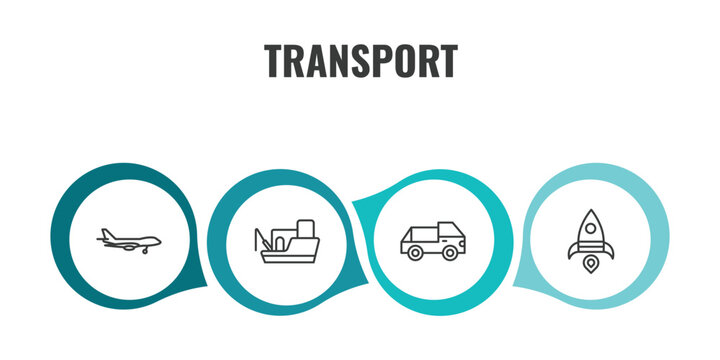 transport outline icon set. thin line jumbo jet, fishing boat, midget car, space rocket launch icons. editable vector