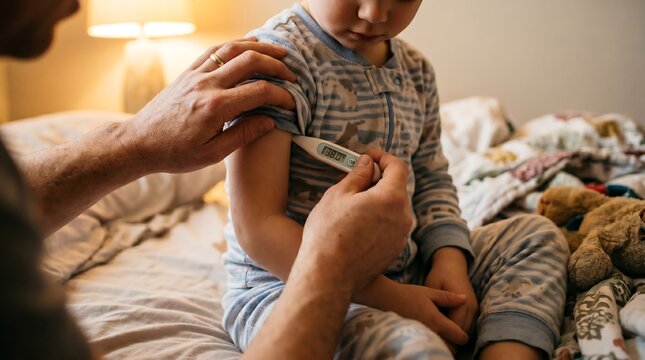 Parent taking child's temperature with thermometer while child is sick in bed