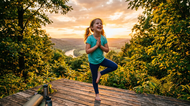 Little girl practicing yoga tree pose on wooden deck at sunset, laughing and happy, kids mindfulness and wellness, scenic river valley view, outdoor exercise