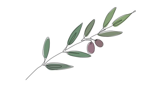 animated minimalist continuous line drawing of olive branch with green leaves and olives, abstract botanical line art animation