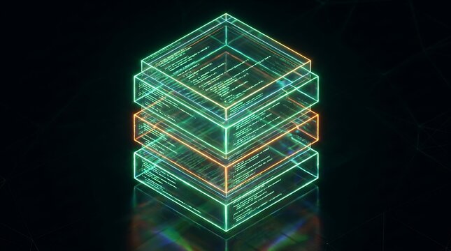 stacked cubes with glowing edges on dark background cube stack neon lights geometric shapes rendering