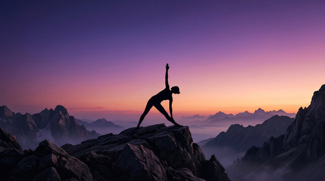 Yoga silhouette on mountain peak at sunset, trikonasana triangle pose for International Yoga Day, mindfulness meditation in nature, spiritual wellness and mental health balance.