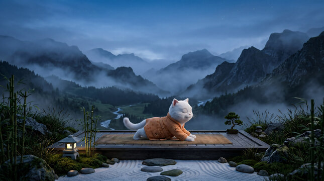 White cat practicing yoga in a zen mountain landscape, monk robe, upward dog pose, mindfulness meditation, tranquil misty valley, International Yoga Day, serene wellness concept.
