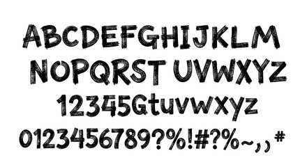 Fototapeta premium Handwritten alphabet and numbers with symbols on white background.