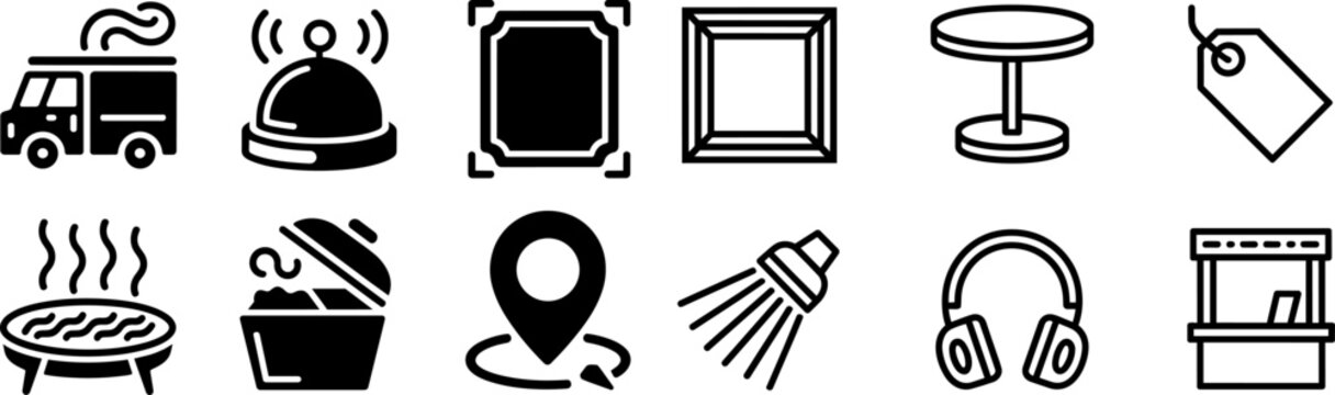 Food truck, bell, corner frame, square round table, tag, grill, trash can, map pin, shower head, headphones
