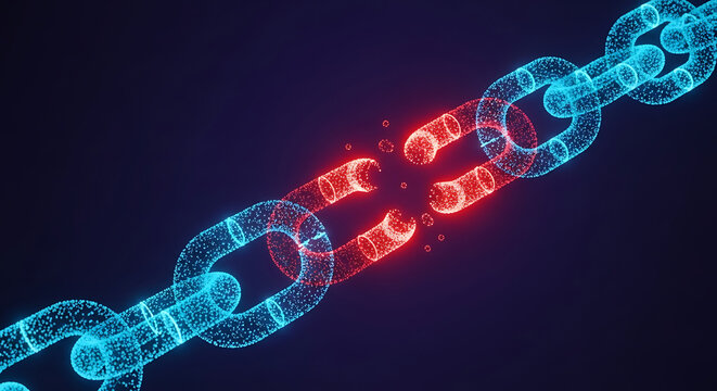 Digital broken chain link concept representing connection failure and cybersecurity threat with technology cybersecurity connection security internet abstract vulnerability blockchain