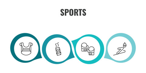 sports outline icon set. thin line chest guard, drift car, boxing gloves, jumping ski icons. editable vector © Farahim