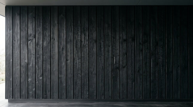 Premium Shou Sugi Ban Charred Wood Wall Cladding in Modern Minimalist Interior Vertical Black Timber Planks Background for Architectural Design
