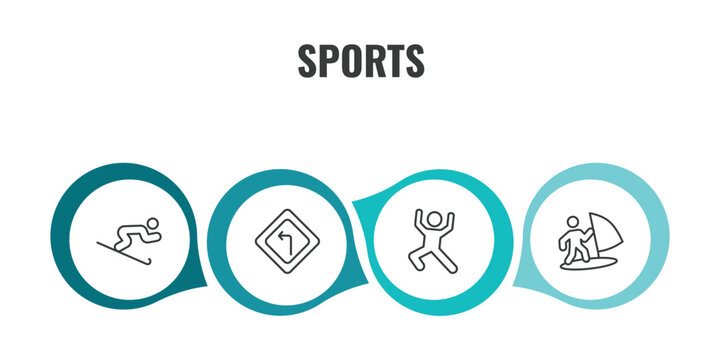 sports outline icon set. thin line skiing down hill, left bend, dancing motion, man windsurfing icons. editable vector