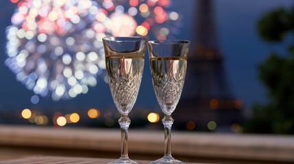 luxury event coverage, coverage of paris july celebrations in a luxury magazine featuring crystal champagne flutes on a chic terrace with a stunning tower view and tricolor fireworks