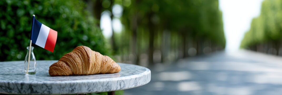 parisian bistro decor, lively bastille day web banner with a marble bistro table, french flag, croissant, and sunlit parisian boulevard